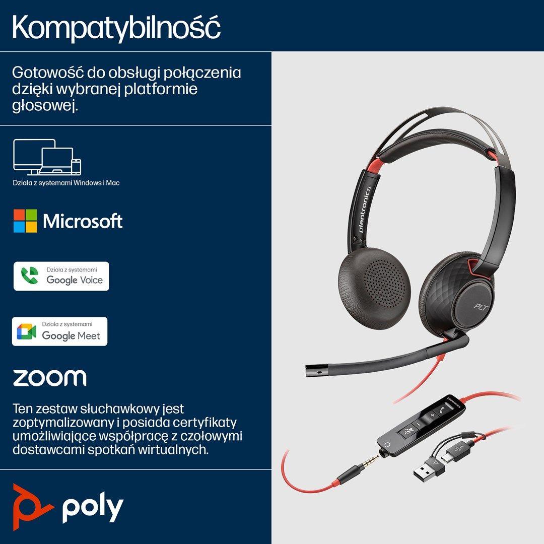 Słuchawki Poly Blackwire 5220 Stereo USB-C Headset +3.5mm Plug +USB-C/A Adapter 8X231AA — zdjęcie 9
