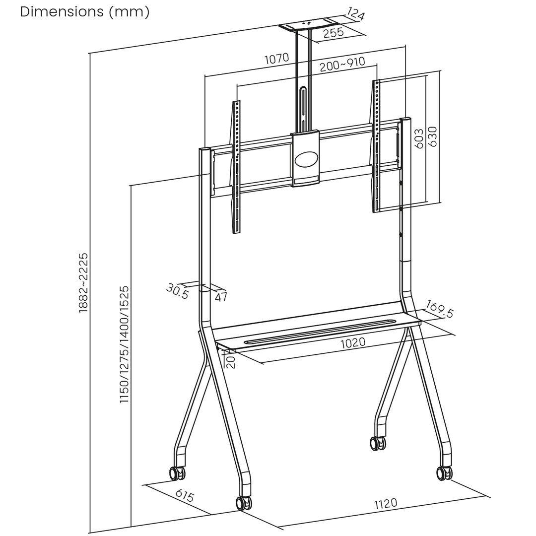 MACLEAN WÓZEK DO TV, PÓŁKA NA KAMERĘ, NA KÓŁKACH, 55-100", MAX. OBCIĄŻENIE 120KG/10KG PÓŁKA, MAX. VESA 900X600 MC-114 B — zdjęcie 7