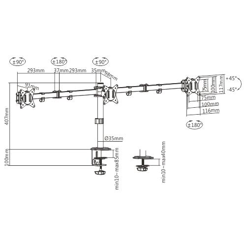 GEMBIRD BIURKOWE REGULOWANE RAMIĘ/UCHWYT NA 3 MONITORY 17-27, 100X100MM, DO 7KG — zdjęcie 2