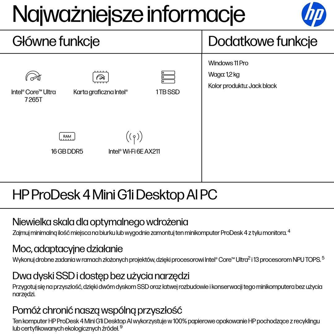 HP ProDesk 4 Mini G1i Ultra 7 265T 16GB DDR5 5600 SSD1TB Intel Graphics W11Pro 3Y OnSite — zdjęcie 3