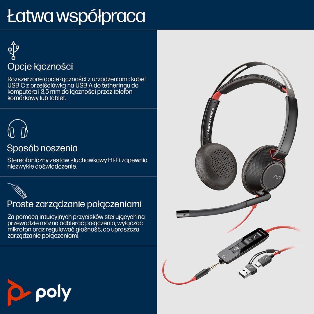 Słuchawki Poly Blackwire 5220 Stereo USB-C Headset +3.5mm Plug +USB-C/A Adapter 8X231AA — zdjęcie 2