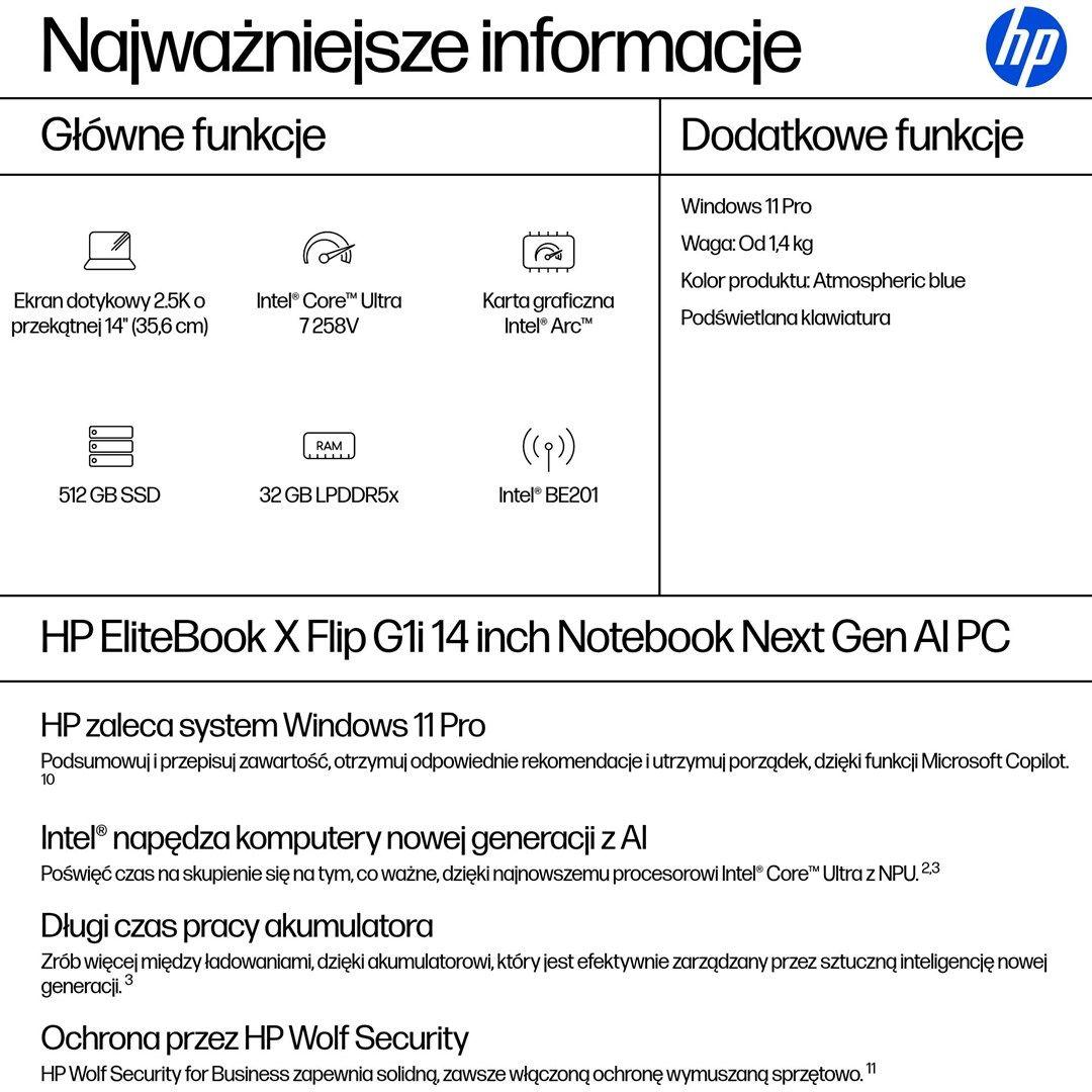 HP EliteBook X G1i Flip Ultra 7 258V 14"2.5K Touch 800nits 120Hz AG 32GB LPDDR5x-8533 SSD512 Intel Arc Cam IR 5 Mpx AI 68Wh W11Pro Blue Alu 3Y OnSite — zdjęcie 4