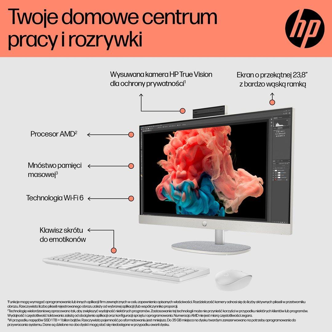 HP AIO 24-cr0144nw Ryzen 3 7320U 23.8"FHD IPS 250nits AG 8GB LPDDR5 SSD512 Radeon 610M Cam720p kB+Mouse Win11 Shell White 2Y — zdjęcie 12