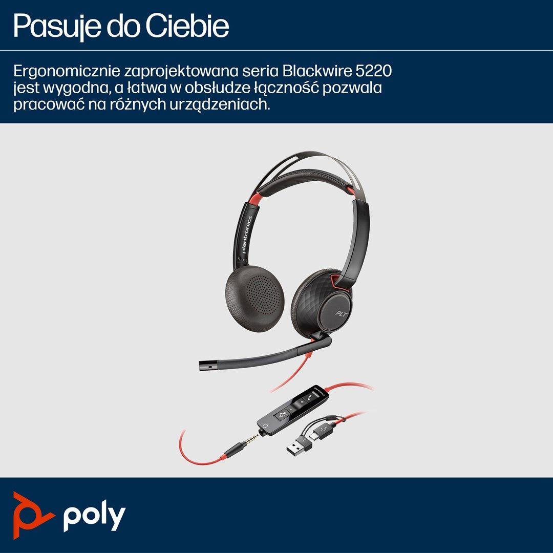 Słuchawki Poly Blackwire 5220 Stereo USB-C Headset +3.5mm Plug +USB-C/A Adapter 8X231AA — zdjęcie 3