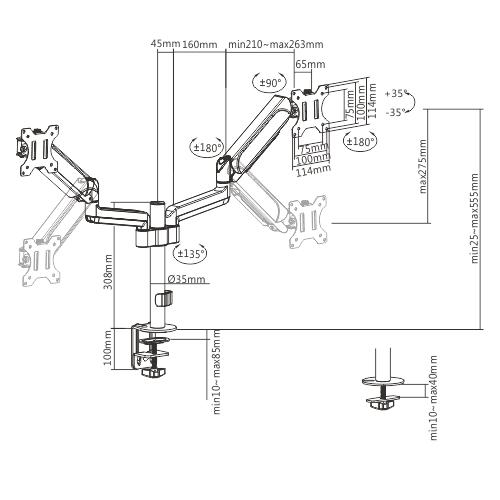 GEMBIRD BIURKOWE REGULOWANE RAMIĘ/UCHWYT NA 2 MONITORY 17-32, 100X100MM, DO 9 KG — zdjęcie 2
