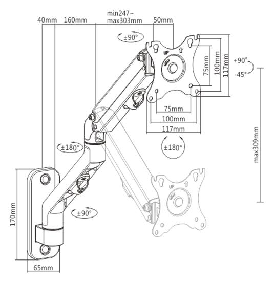 GEMBIRD BIURKOWE REGULOWANE RAMIĘ/UCHWYT NA MONITOR DO MONTAŻU NA ŚCIANIE 17-27, VESA 100X100MM, DO DO 7 KG — zdjęcie 2