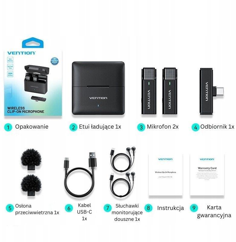 Zestaw 2 bezprzewodowych mikrofonów krawatowych Vention USB-C z etui ładującym czarny — zdjęcie 2