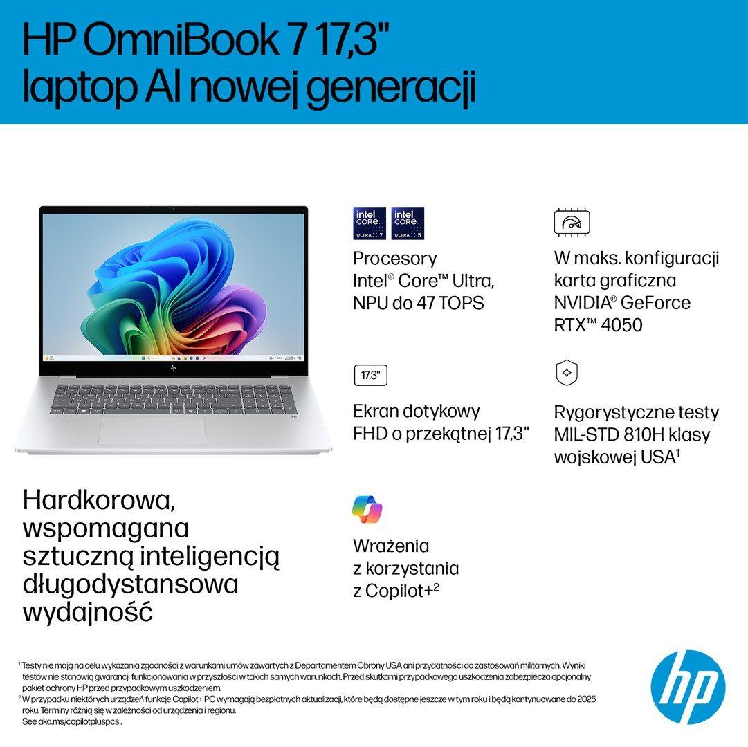 HP OmniBook 7 17-DC0073CL Ultra 7 258V 17.3"FHD Touch 32GB SSD1TB BT BLKB GeForce RTX 4050 6GB Win11 Silver (REPACK) 2Y — zdjęcie 11