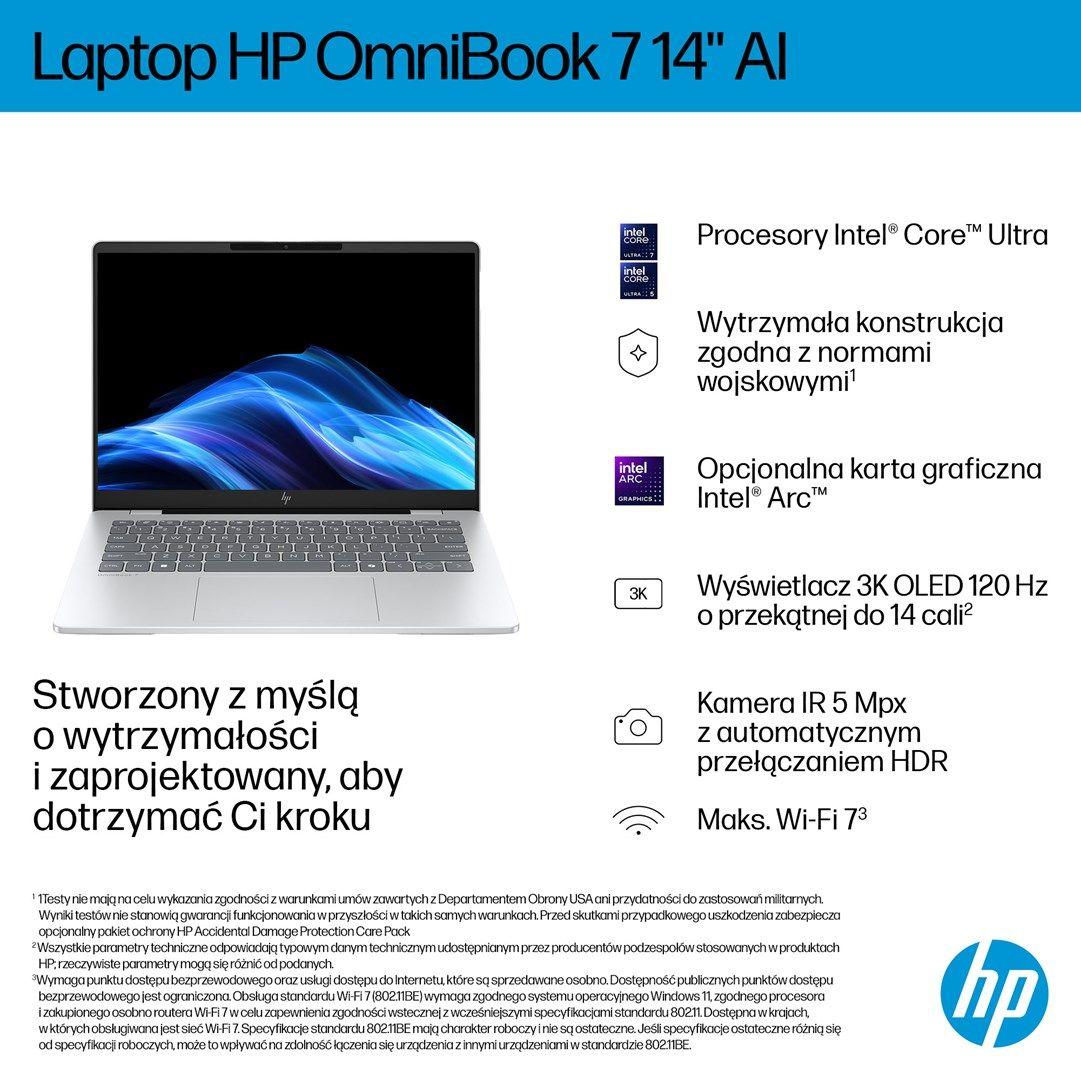 HP OmniBook 7 AI 14-fr0220nw Ultra 5 225U 14"2K OLED 300nits LBL 16GB LPDDR5-7467 SSD512 Intel Graphics Cam 5 Mpx IR 68Wh Win11 Glacial Silver 2Y — zdjęcie 17