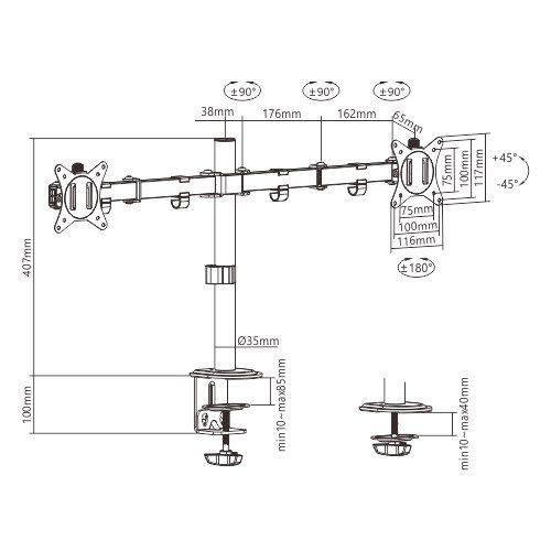 GEMBIRD BIURKOWE REGULOWANE RAMIĘ/UCHWYT NA 2 MONITORY 17-32, 100X100MM, DO 9KG — zdjęcie 5
