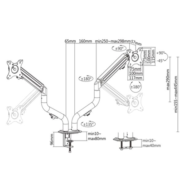 GEMBIRD BIURKOWE REGULOWANE RAMIĘ/UCHWYT NA 2 MONITORY 17-32, 100X100MM, DO 8 KG — zdjęcie 2
