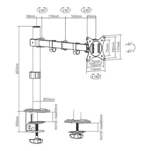 GEMBIRD BIURKOWE REGULOWANE RAMIĘ/UCHWYT NA MONITOR 17-32, VESA 100X100MM, DO 9KG — zdjęcie 9