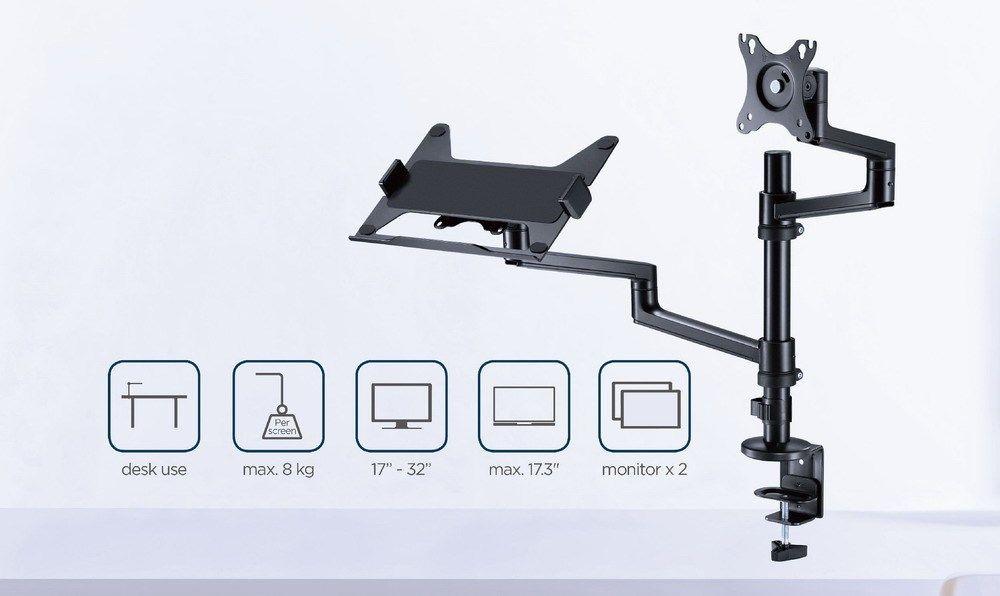 GEMBIRD BIURKOWE REGULOWANE RAMIĘ/UCHWYT NA MONITOR + PODSTAWKA NA NOTEBOOKA 17-32, VESA 100X100MM, DO 8 KG — zdjęcie 23