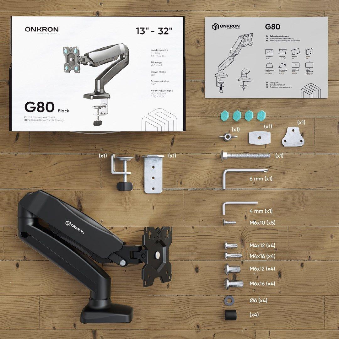 ONKRON G80-B Uchwyt biurkowy obrotowo-nachylny do monitora 13"-32" maks 8 kg, z obracaniem, czarny — zdjęcie 2