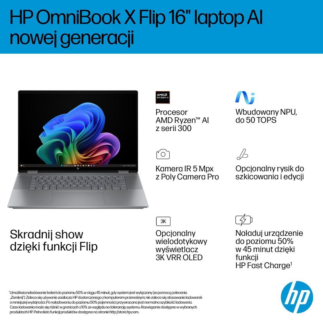 HP OmniBook X Flip 16-ar0016nw Ryzen AI 5 340 16.0"2K Touch OLED IPS 300nits AG 16GB LPDDR5X SSD1TB Radeon 840M Cam 5MPx + IR  68Wh Win11 Meteor Silver 2Y — zdjęcie 5