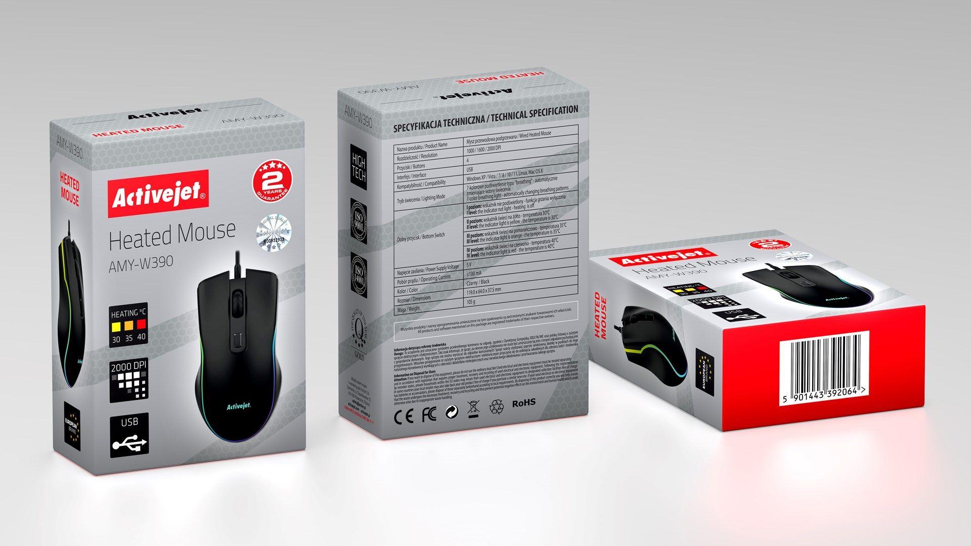 Podgrzewana mysz przewodowa Activejet USB AMY-W390; 30°C / 35°C / 40°C — zdjęcie 12