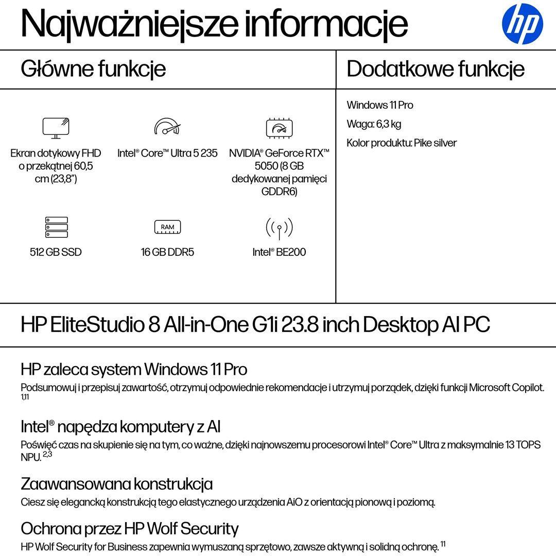 HP EliteStudio 8 AiO G1i Ultra 5 235 23.8"FHD Touch IPS 300nits LBL AG 16GB DDR5 5600 SSD512 Intel Graphics Cam 5MP W11Pro 3Y OnSite — zdjęcie 3