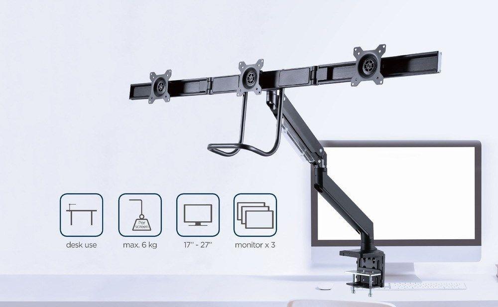 GEMBIRD BIURKOWE REGULOWANE RAMIĘ/UCHWYT NA 3 MONITORY 17-27, VESA 100X100MM, DO 6 KG — zdjęcie 14