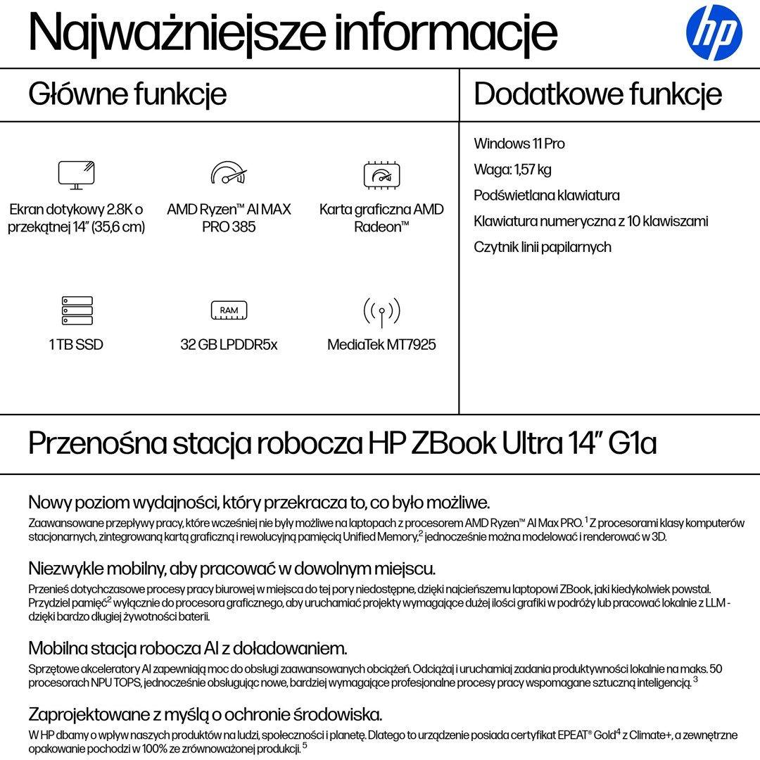 HP ZBook Ultra 14 G1a Ryzen AI Max PRO 390 14.0" 2.8K Touch OLED IPS 400nits BV LBL 32GB LPDDR5x-8533 SSD1TB Radeon 8050S Cam IR 5 MPx 74,5Wh W11Pro 3Y OnSite — zdjęcie 4
