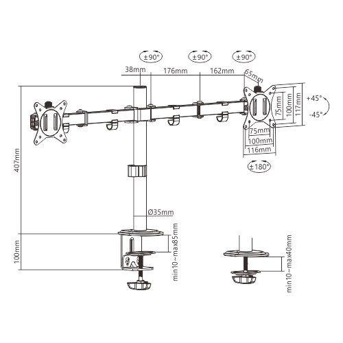 GEMBIRD BIURKOWE REGULOWANE RAMIĘ/UCHWYT NA 2 MONITORY 17-32, 100X100MM, DO 9KG — zdjęcie 3
