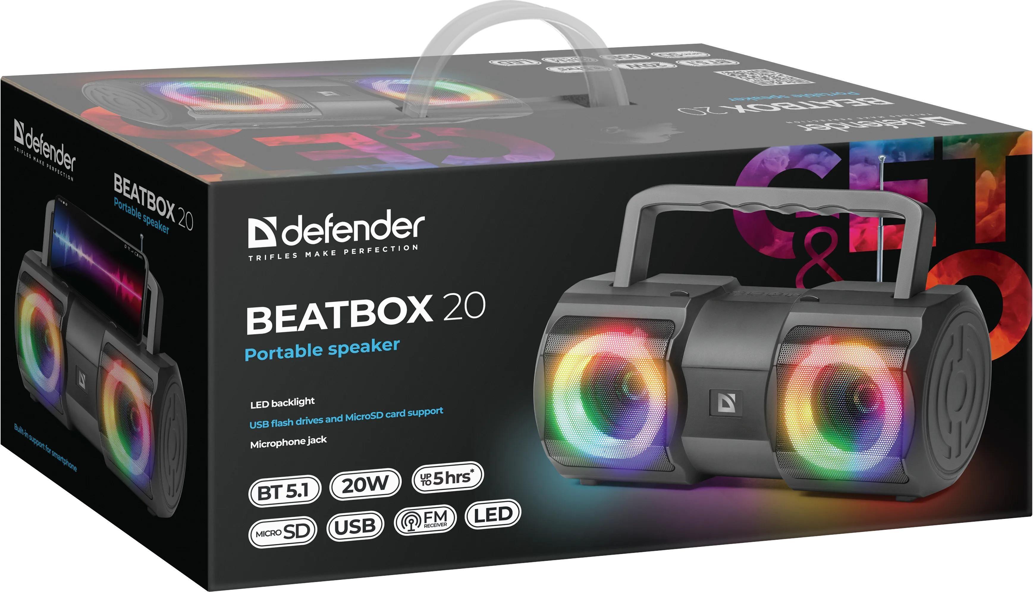 Głośnik Defender BEATBOX 20 Bluetooth 20W MP3/FM/SD/USB/AUX/LED czarny — zdjęcie 5