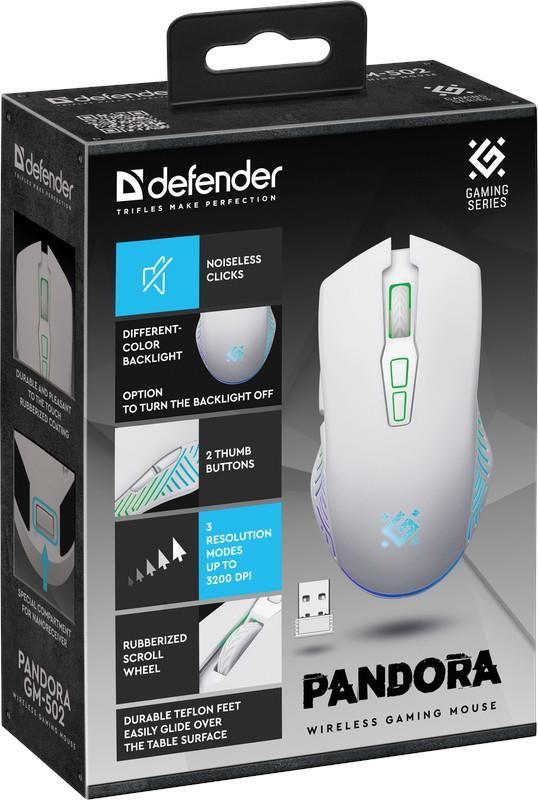 Mysz bezprzewodowa Defender PANDORA GM-502 optyczna 3200dpi biała RGB AKUMULATOR 7 przycisków Gaming bezklikowa silent — zdjęcie 3