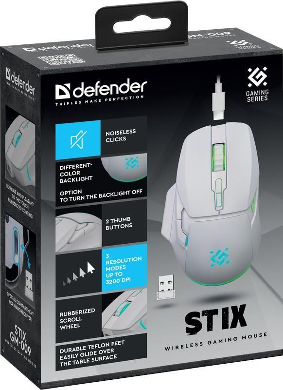 Mysz bezprzewodowa Defender STIX GM-009 optyczna 3200dpi biała RGB AKUMULATOR 7 przycisków Gaming bezklikowa silent — zdjęcie 3