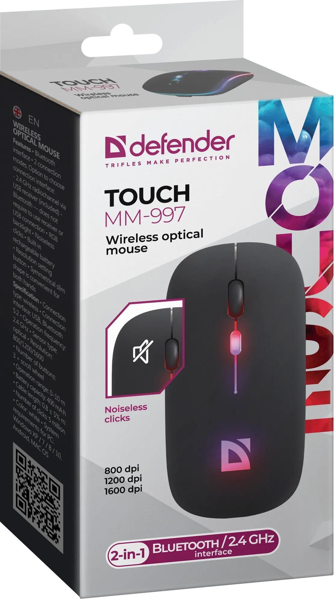 Mysz bezprzewodowa Defender TOUCH MM-997 optyczna 1600dpi 2.4 GHz + Bluetooth czarna RGB AKUMULATOR bezklikowa silent — zdjęcie 5