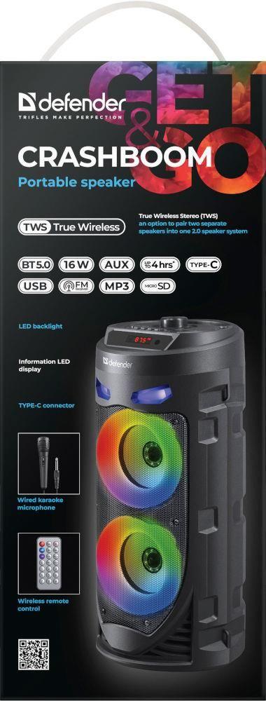Głośnik Defender CRASHBOOM Bluetooth 16W MP3/FM/SD/USB/AUX/TWS/LED/MIC/LCD KARAOKE czarny + mikrofon + pilot — zdjęcie 13