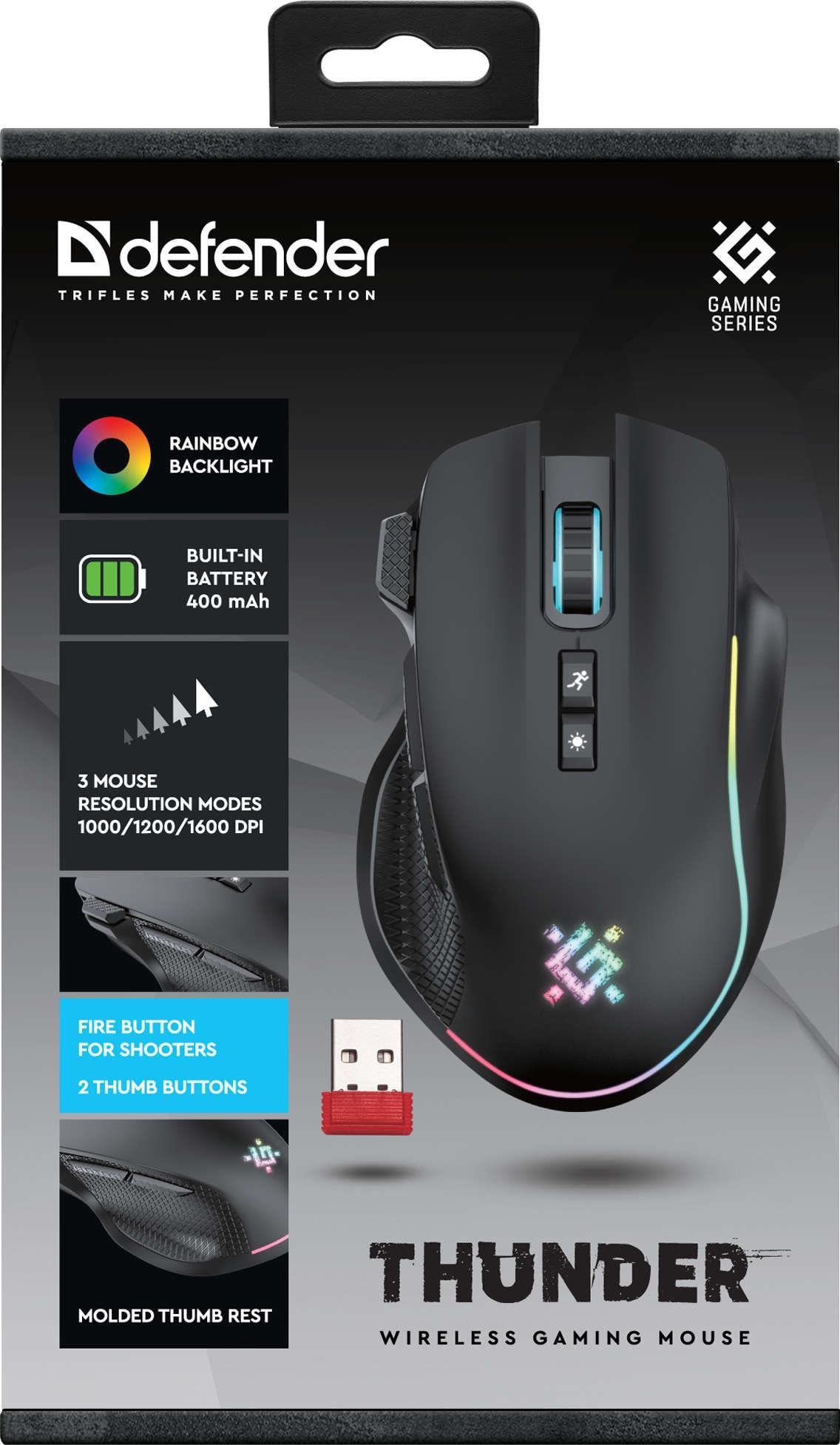 Mysz bezprzewodowa Defender THUNDER GM-213 optyczna 1600dpi czarna RGB AKUMULATOR 8 przycisków Gaming — zdjęcie 6