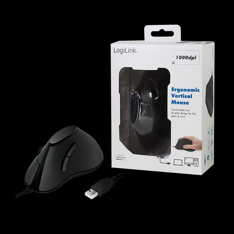 Mysz przewodowa LogiLink ID0158 ergonomiczna,1000 dpi czarna — zdjęcie 3