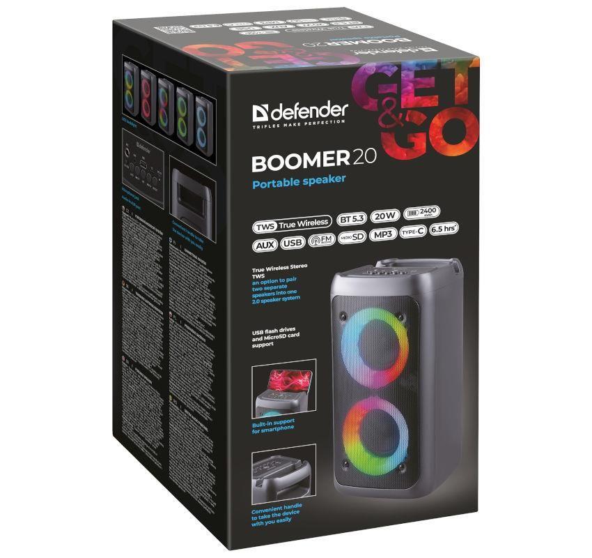 Głośnik Defender BOOMER 20 Bluetooth 20W MP3/FM/SD/USB/AUX/TWS/LED/MIC KARAOKE czarny — zdjęcie 9
