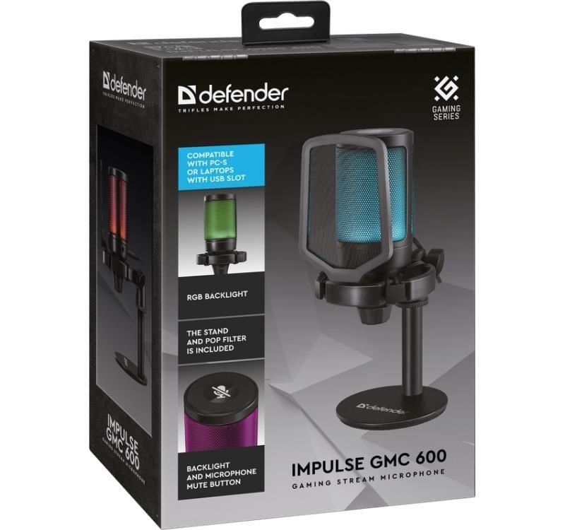Mikrofon przewodowy Defender IMPULSE GMC 600 ze statywem STREAM strumieniowy RGB USB — zdjęcie 8