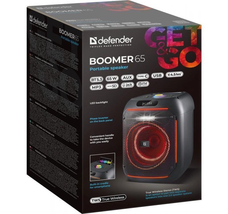 Głośnik Defender BOOMER 65 Bluetooth 65W MP3/FM/SD/USB/AUX/TWS/LED/MIC/DSP KARAOKE czarny PILOT — zdjęcie 5