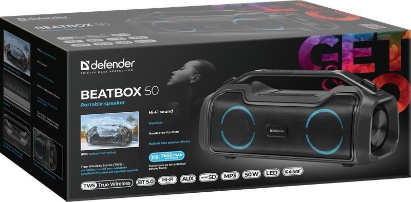 Głośnik Defender BEATBOX 50 Bluetooth 50W MP3/AUX/SD/USB/TWS/LED/IPX5/POWER BANK  czarny — zdjęcie 5