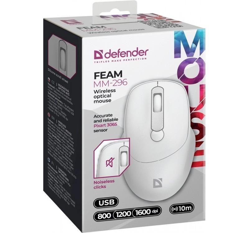 Mysz bezprzewodowa Defender FEAM MM-296 optyczna bezklikowa silent 1600dpi biała — zdjęcie 2