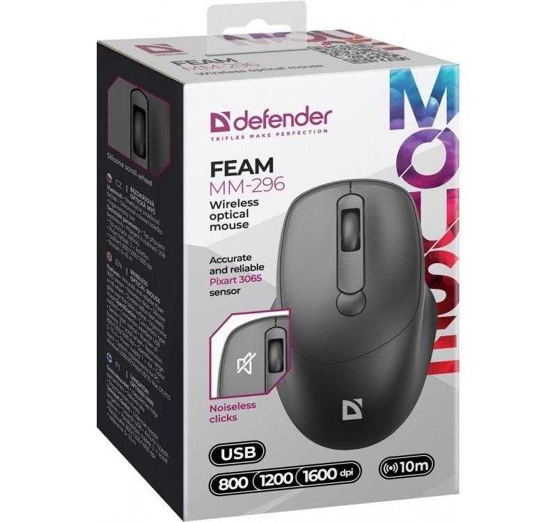 Mysz bezprzewodowa Defender FEAM MM-296 optyczna bezklikowa silent 1600dpi czarna — zdjęcie 2