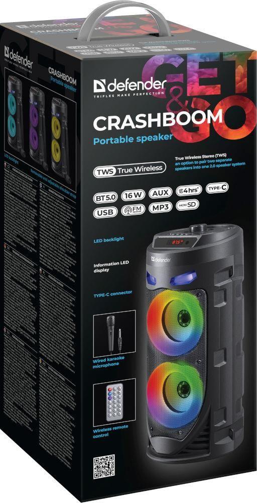 Głośnik Defender CRASHBOOM Bluetooth 16W MP3/FM/SD/USB/AUX/TWS/LED/MIC/LCD KARAOKE czarny + mikrofon + pilot — zdjęcie 7