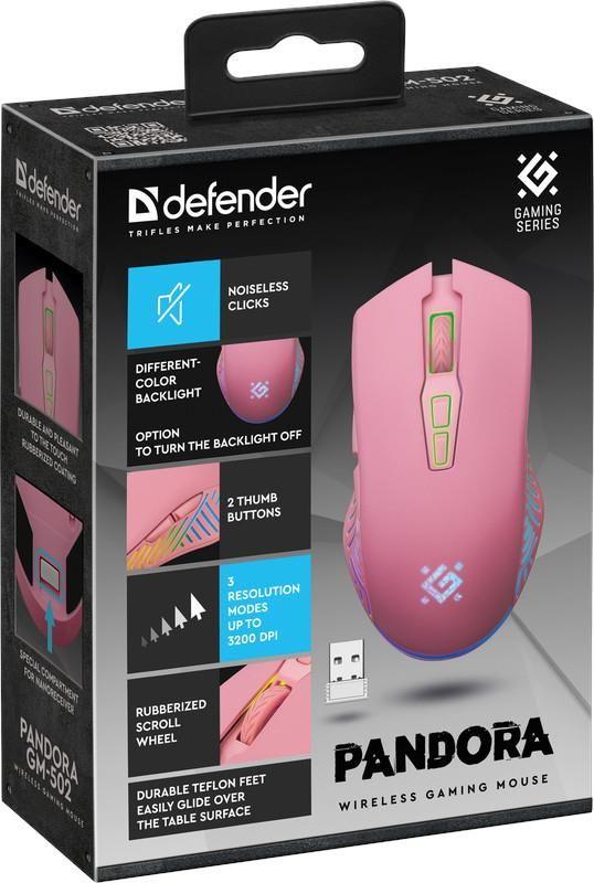 Mysz bezprzewodowa Defender PANDORA GM-502 optyczna 3200dpi różowa RGB AKUMULATOR 7 przycisków Gaming bezklikowa silent — zdjęcie 3