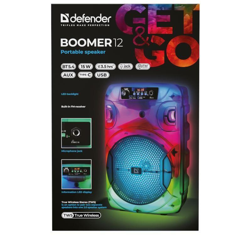 Głośnik Defender BOOMER 12 Bluetooth 15W MP3/FM/USB/AUX/TWS/LED/MIC KARAOKE czarny — zdjęcie 15