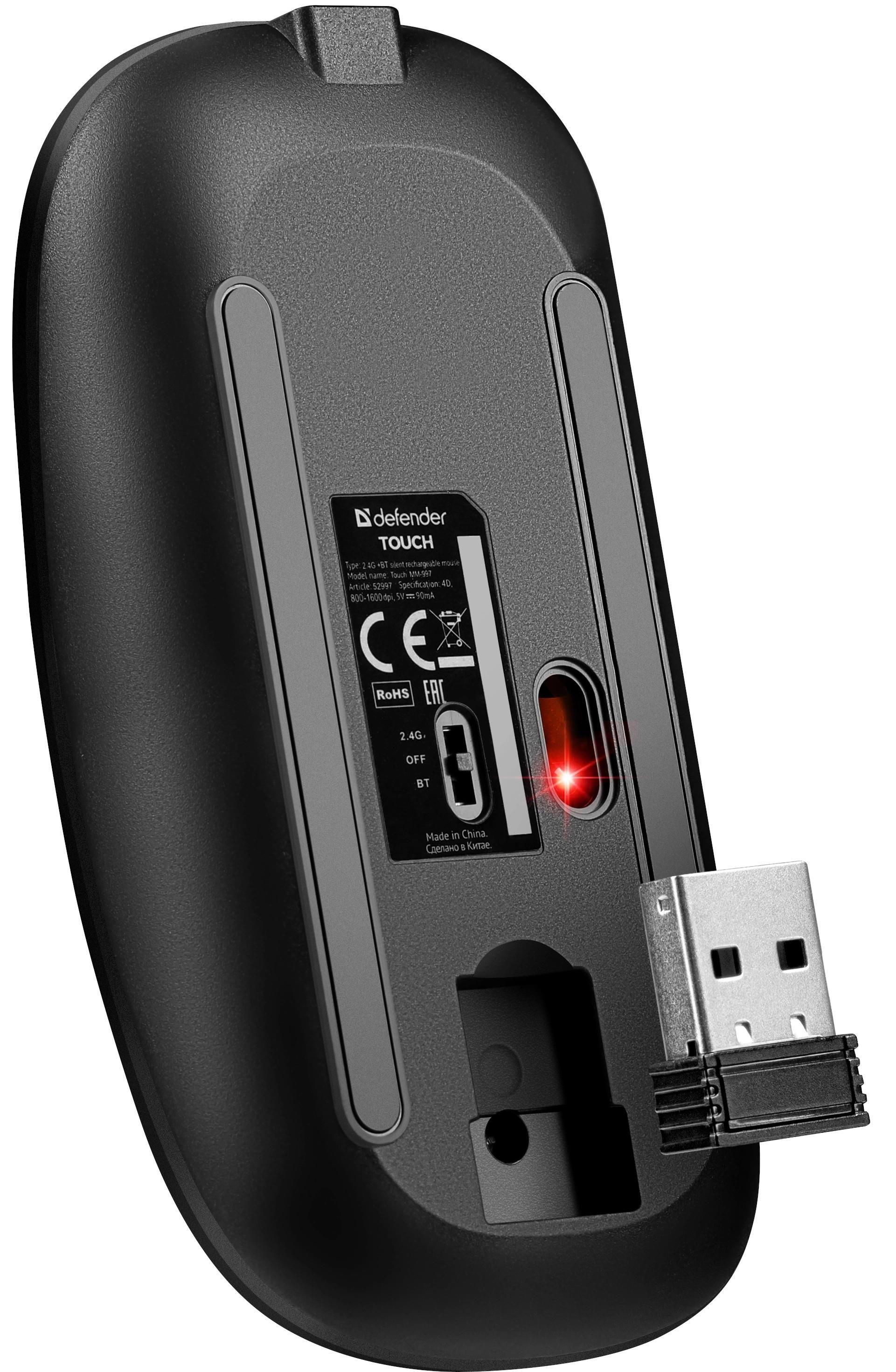 Mysz bezprzewodowa Defender TOUCH MM-997 optyczna 1600dpi 2.4 GHz + Bluetooth czarna RGB AKUMULATOR bezklikowa silent — zdjęcie 4