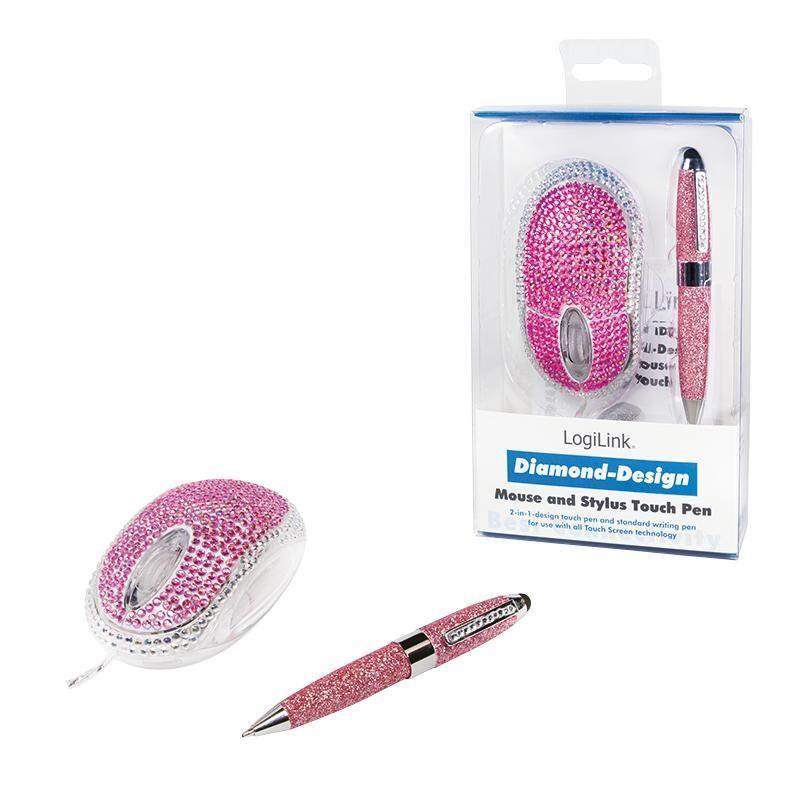 Mysz przewodowa LogiLink ID0124 Diamond optyczna USB 800dpi różowa & TouchPen — zdjęcie 1