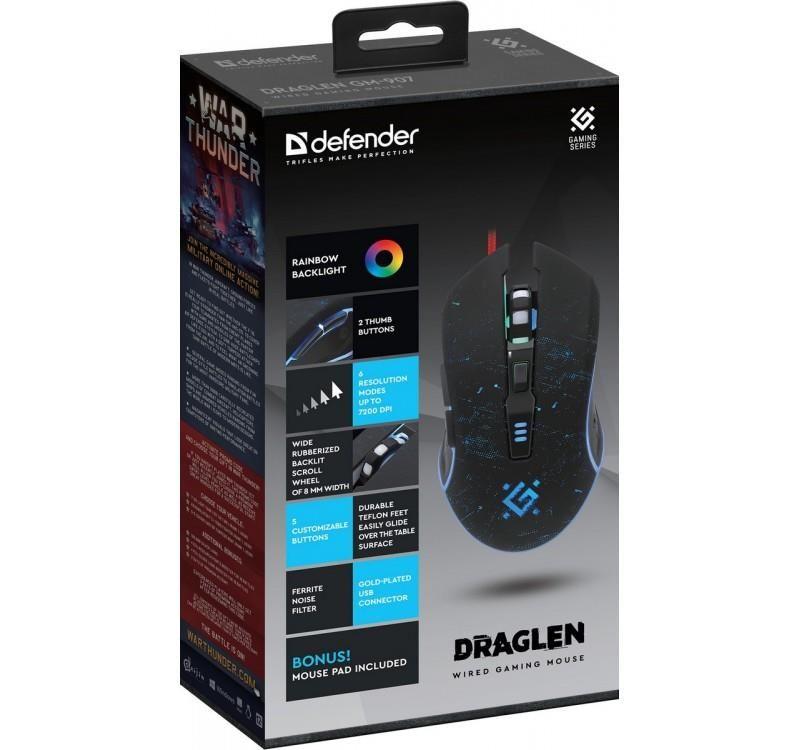 Mysz przewodowa Defender DRAGLEN GM-907 7200dpi 6P + podkładka + GRA Gaming — zdjęcie 4