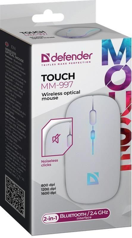Mysz bezprzewodowa Defender TOUCH MM-997 optyczna 1600dpi 2.4 GHz + Bluetooth biała RGB AKUMULATOR bezklikowa silent — zdjęcie 4