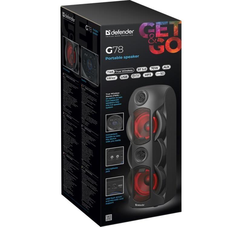 Głośnik Defender G78 Bluetooth 70W MP3/FM/SD/USB/AUX/TWS/LED KARAOKE czarny PILOT — zdjęcie 4