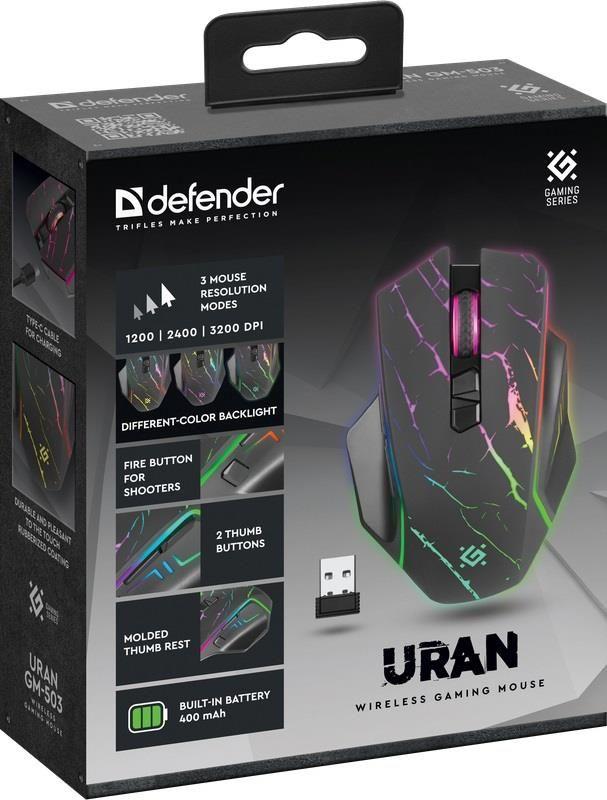 Mysz bezprzewodowa Defender URAN GM-503 optyczna 3200dpi czarna RGB AKUMULATOR 8 przycisków Gaming — zdjęcie 4