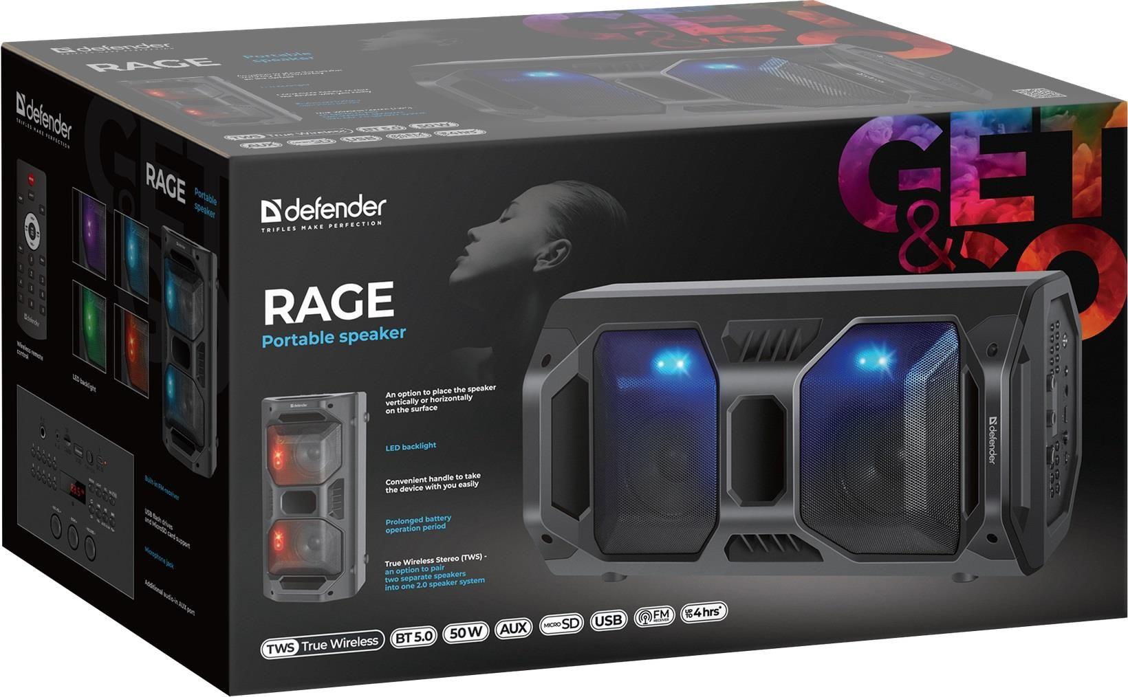 Głośnik Defender RAGE Bluetooth 50W MP3/FM/SD/USB/AUX/TWS/MIC/LED KARAOKE czarny PILOT — zdjęcie 5