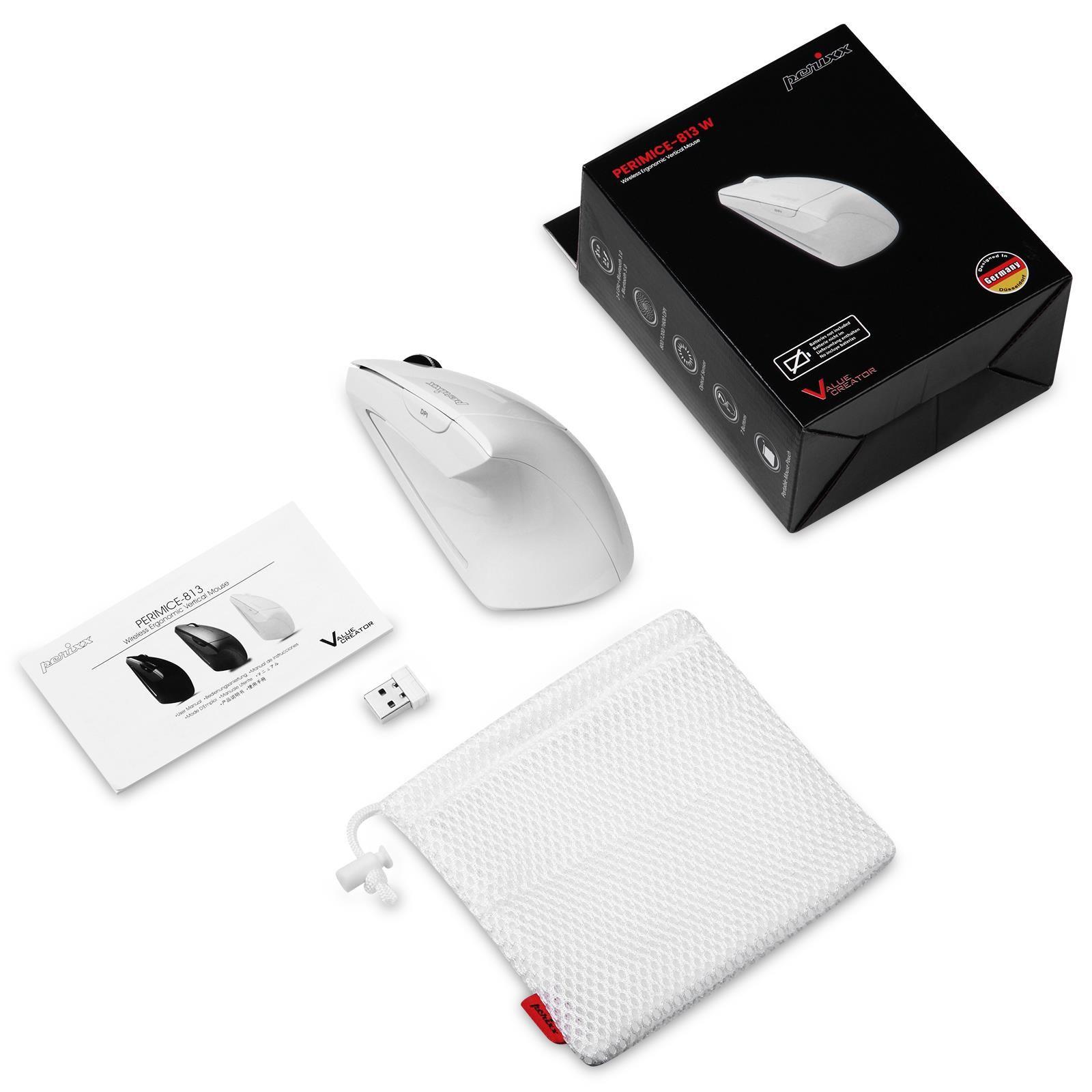 Mysz bezprzewodowa Perixx PERIMICE-813 W optyczna wertykalna pionowa prawa biała RF + BLUETOOTH — zdjęcie 5