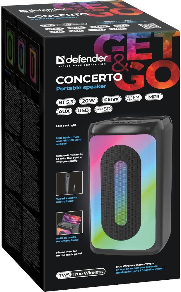 Głośnik Defender CONCERTO Bluetooth 20W MP3/FM/SD/USB/AUX/TWS/LED/MIC KARAOKE czarny + mikrofon — zdjęcie 9
