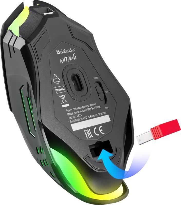 Mysz bezprzewodowa Defender KATANA GM-511 optyczna 3200dpi czarna RGB AKUMULATOR 7 przycisków Gaming bezklikowa silent — zdjęcie 3